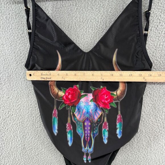 Solkissed One Piece Swimsuit L Black Boho Western Bull Skull Festival Pool Beach - Picture 7 of 12